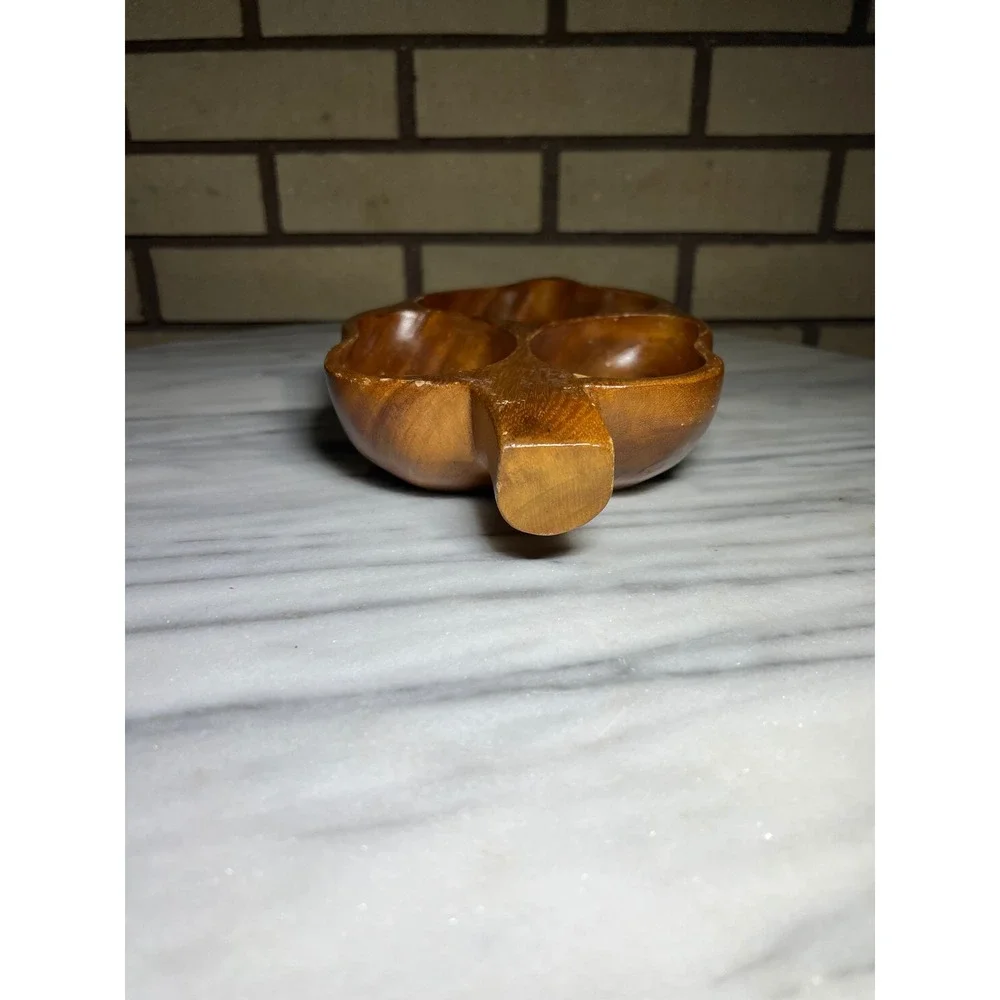 Vintage Hand Carved Wooden Leaf Serving Tray Divided 3 Section Nut Dish Brown